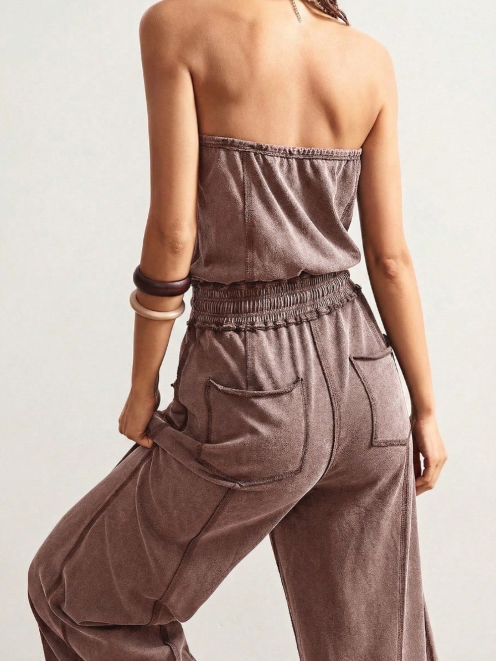 Strapless Brown Boho Wide Leg Jumpsuit with Pockets - Picture 5 of 8